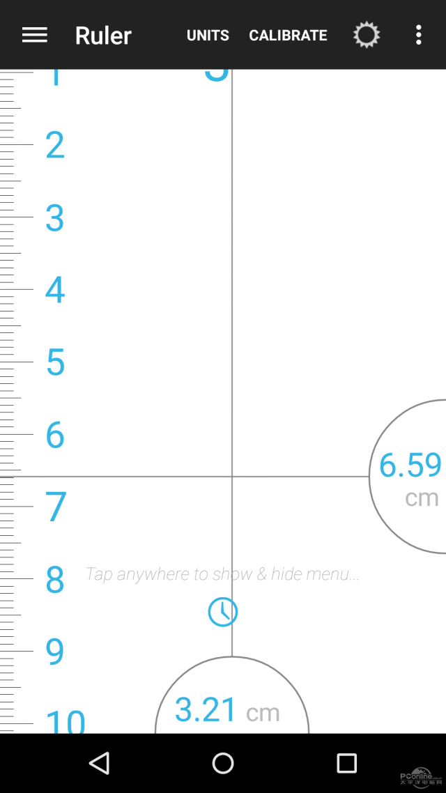 尺子app界面,移动指尖即可测量,轻点屏幕呼出菜单